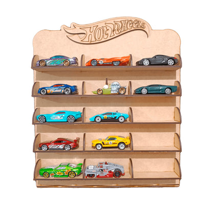 Exhibidor de Carritos Hot Wheels de MDF para 15 carritos Natural